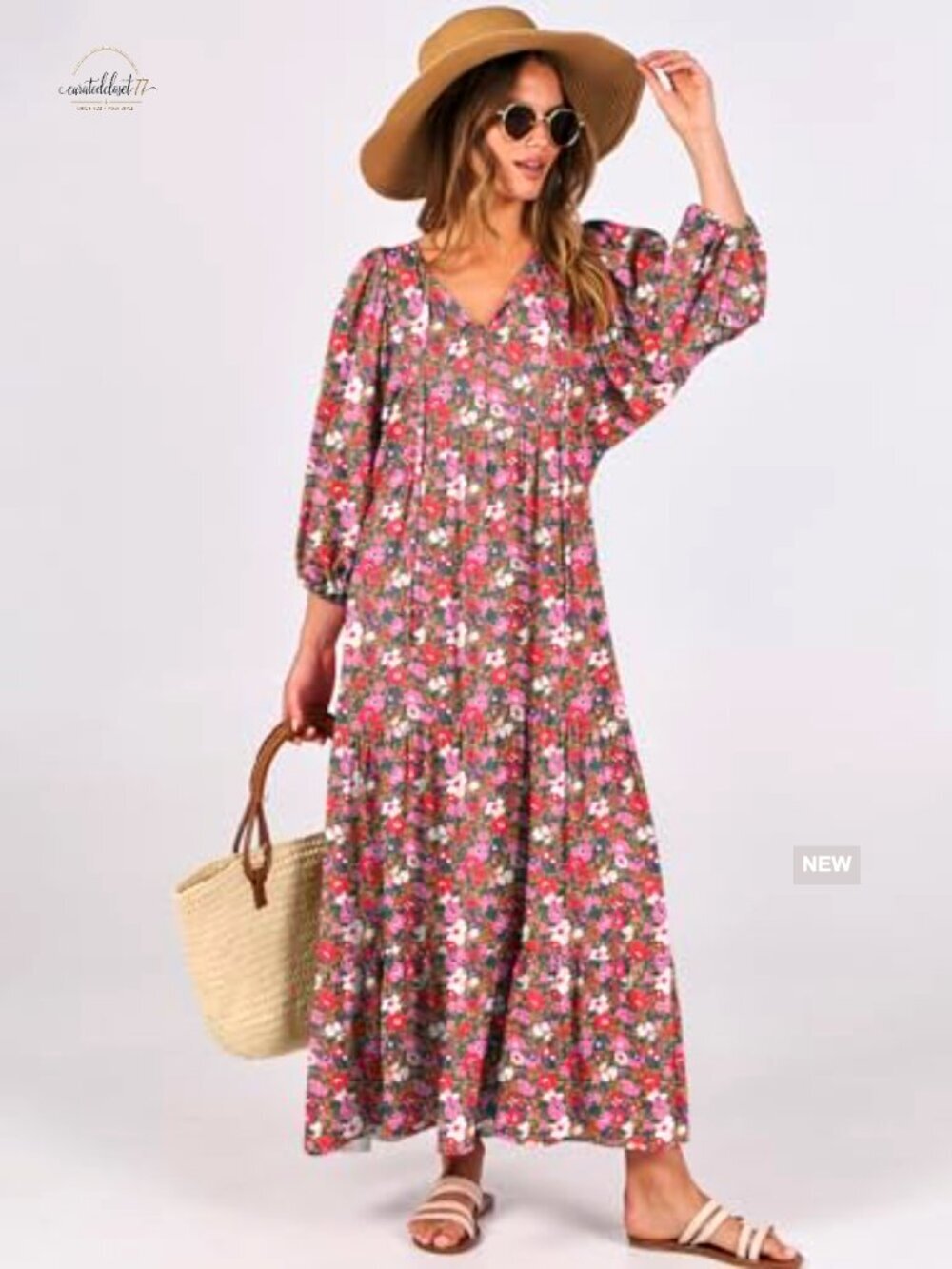 Boho Maxi Dress with V Neck Puff Sleeves Flowy Swing Casual Long Dress - Picture 2 of 7